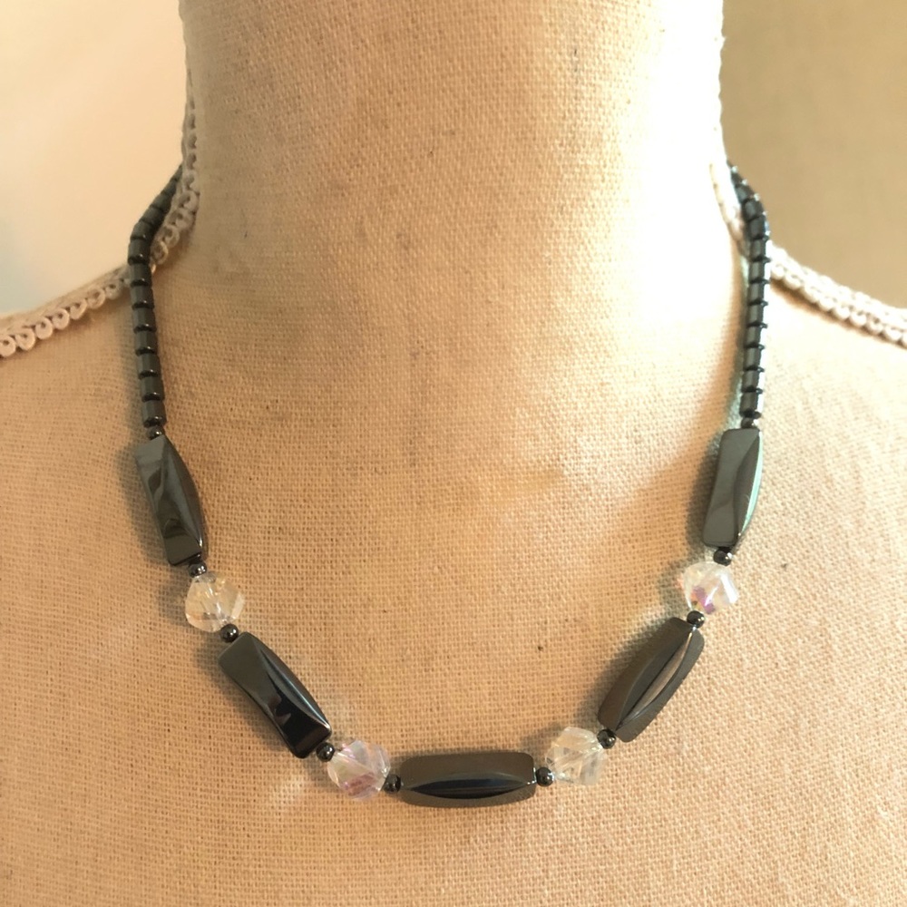 Vintage gorgeous hematite and crystal necklace